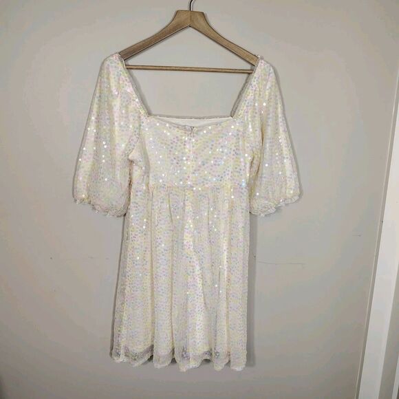 Iridescent Sequin Puff Sleeve Square Neck Party Dress Fairycore Cottagecore M - Picture 5 of 9